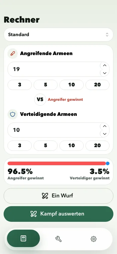 Risk Calculator app battle screen