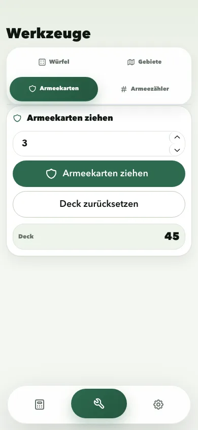 Risk Calculator army cards tool screen