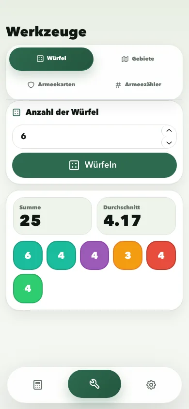 Risk Calculator dice tool screen