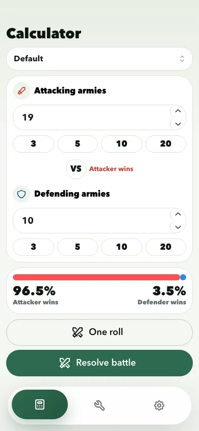 Risk Calculator app battle screen
