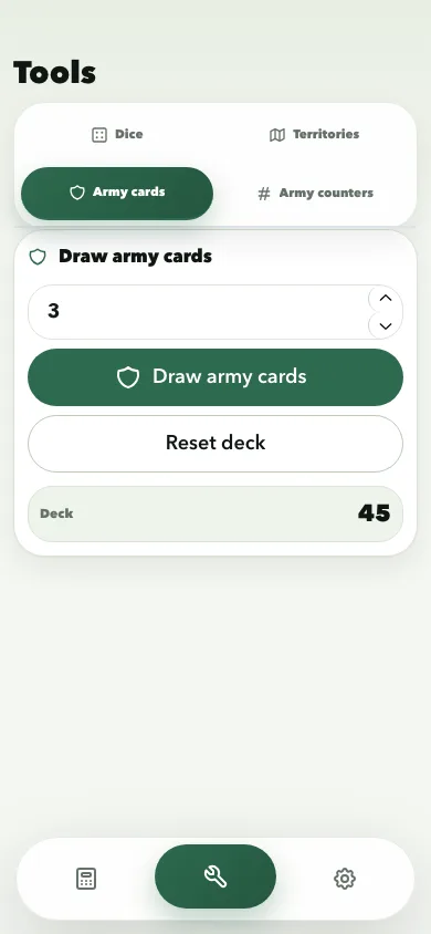 Risk Calculator army cards tool screen