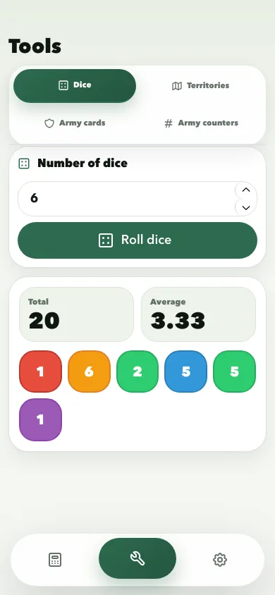 Risk Calculator dice tool screen