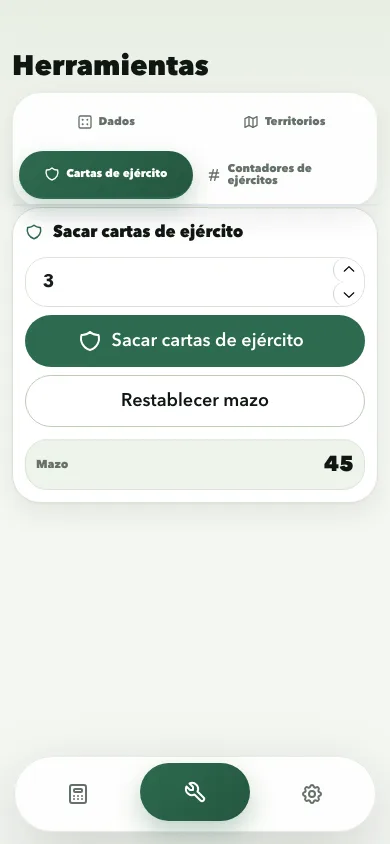 Risk Calculator army cards tool screen