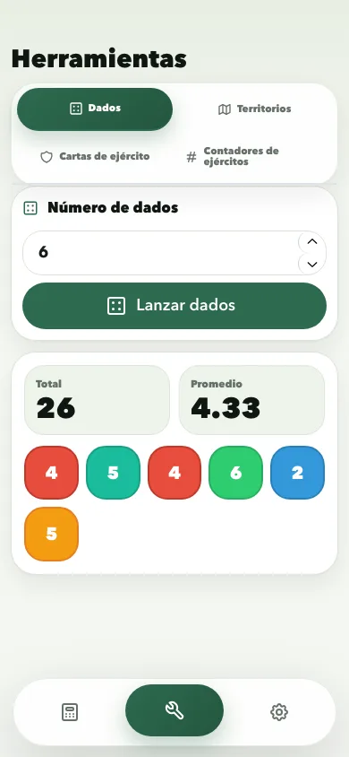 Risk Calculator dice tool screen