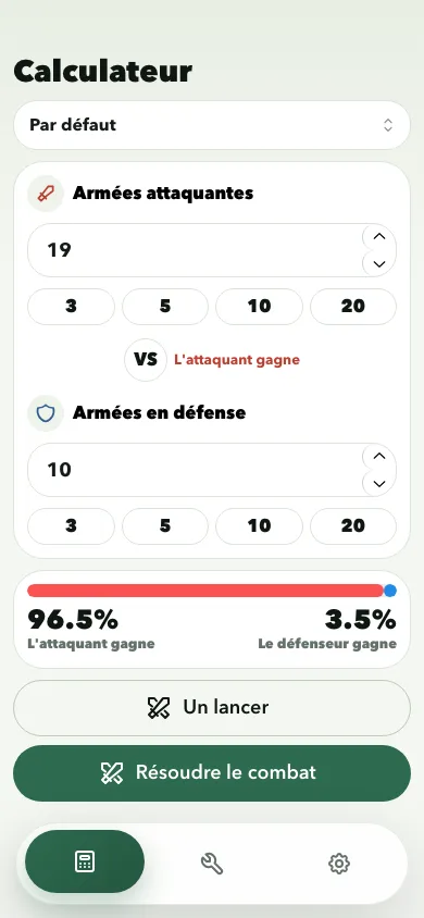 Risk Calculator app battle screen