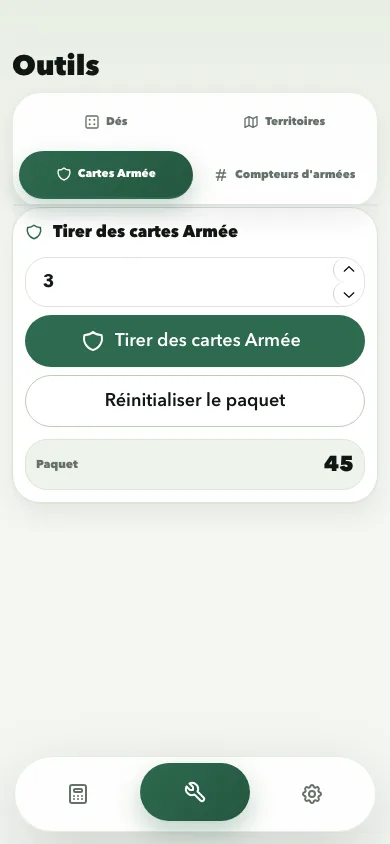 Risk Calculator army cards tool screen