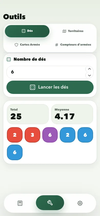 Risk Calculator dice tool screen